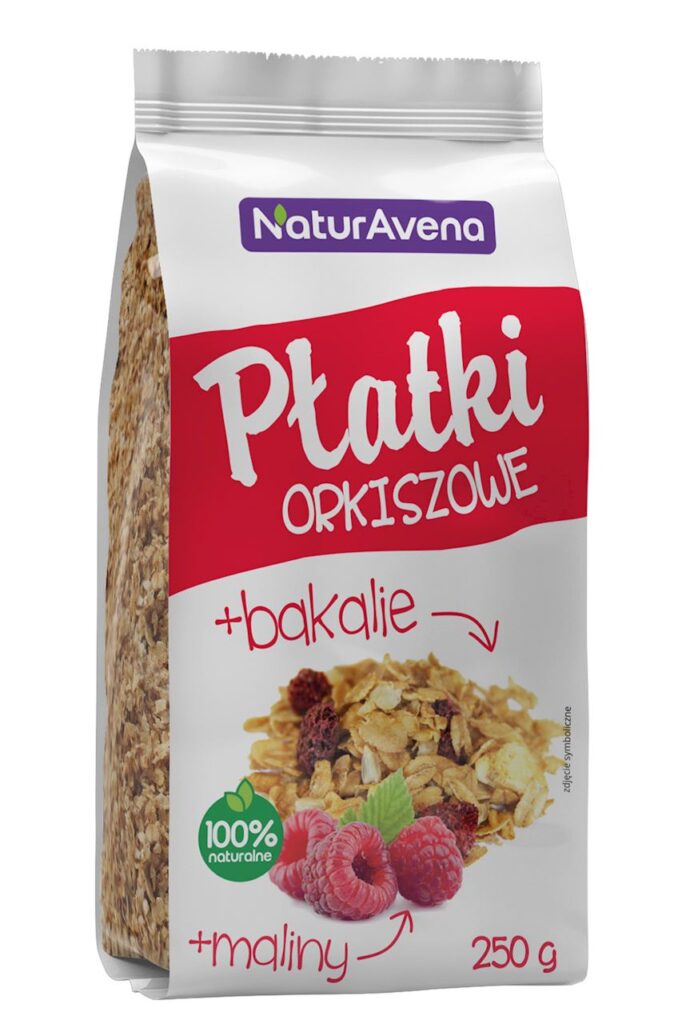 PŁATKI ORKISZOWE BŁYSKAWICZNE Z OWOCAMI TROPIKALNYMI, SŁONECZNIKIEM I MALINAMI 200 g – NATURAVENA