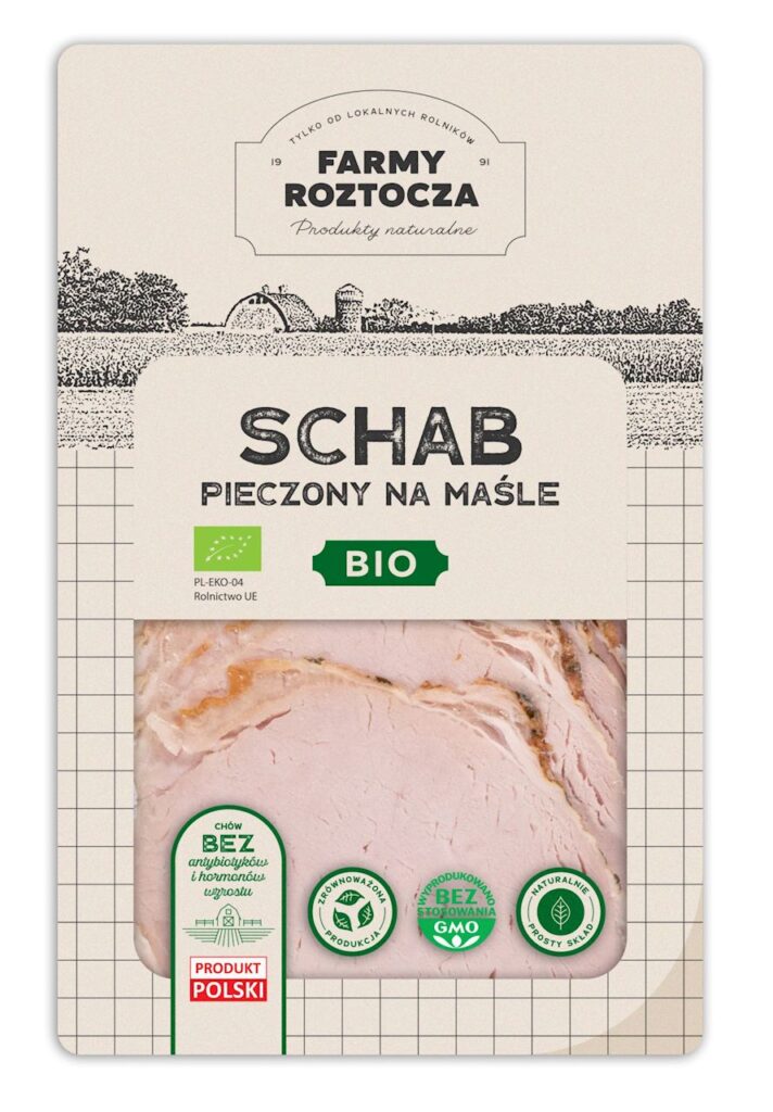 SCHAB NA MAŚLE PIECZONY PLASTRY BIO 100 g – FARMY ROZTOCZA (Z PÓŁKI)