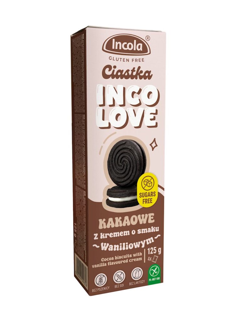 CIASTKA MARKIZY KAKAOWE Z KREMEM O SMAKU WANILIOWYM BEZ CUKRU BEZGLUTENOWE 125 g – INCOLA