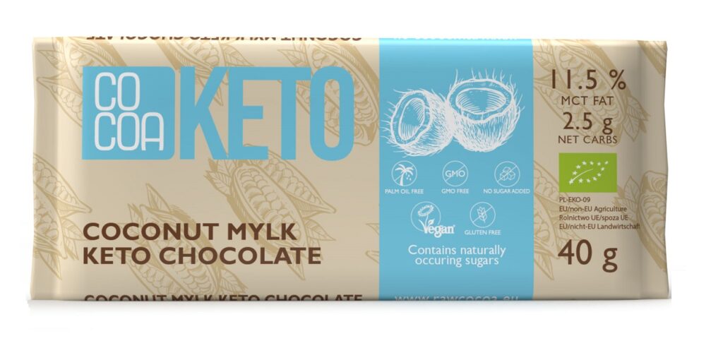 CZEKOLADA KOKOSOWA Z OLEJEM MCT BEZ DODATKU CUKRÓW BEZGLUTENOWA KETO BIO 40 g – COCOA