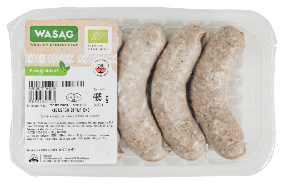 KIEŁBASA BIAŁA BIO (6 szt.) 485 g – WASĄG (Z PÓŁKI)