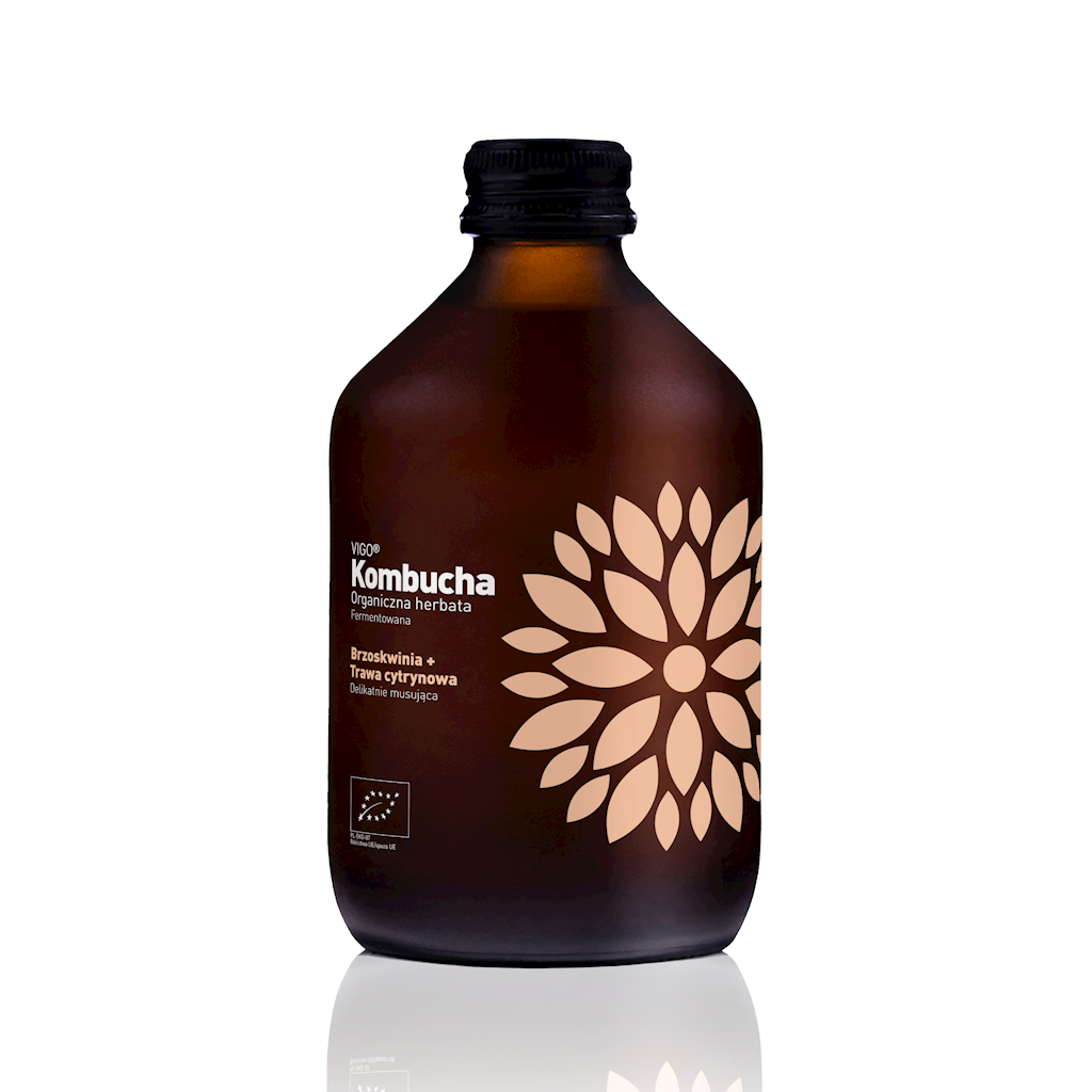 KOMBUCHA Z BRZOSKWINIĄ I TRAWĄ CYTRYNOWĄ BEZGLUTENOWA BIO 330 ml – VIGO