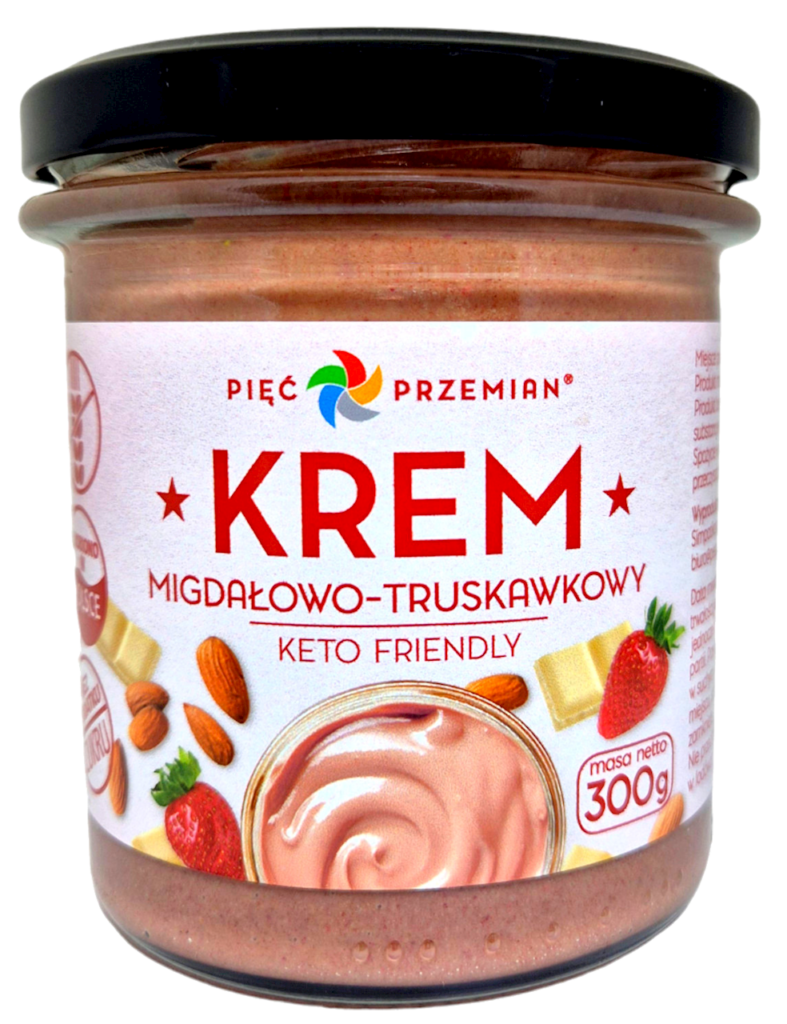 KREM MIGDAŁOWO – CZEKOLADOWO – TRUSKAWKOWY BEZ DODATKU CUKRÓW BEZGLUTENOWY KETO 300 g – PIĘĆ PRZEMIAN