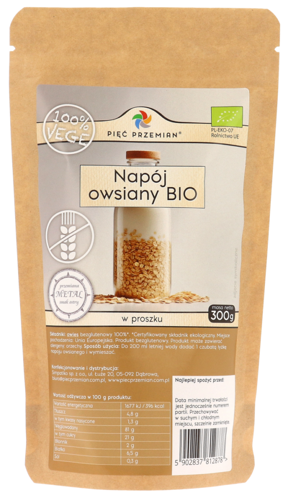 NAPÓJ OWSIANY W PROSZKU BEZGLUTENOWY BIO 300 g – PIĘĆ PRZEMIAN