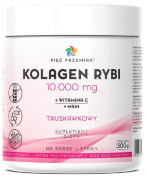 KOLAGEN RYBI + MSM + WITAMINA C TRUSKAWKOWY W PROSZKU BEZGLUTENOWY 300 g - PIĘĆ PRZEMIAN