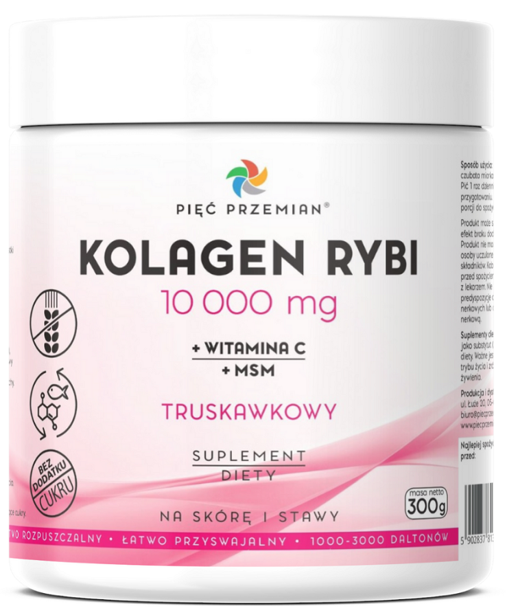 KOLAGEN RYBI + MSM + WITAMINA C TRUSKAWKOWY W PROSZKU BEZGLUTENOWY 300 g – PIĘĆ PRZEMIAN