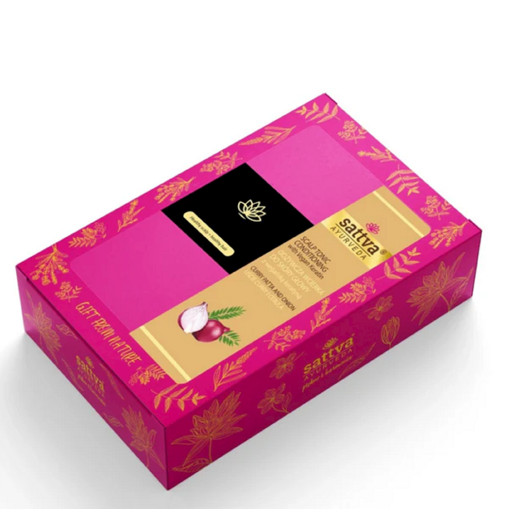 ZESTAW PREZENTOWY WCIERKA ODŻYWCZA Z WEGAŃSKA KERATYNĄ + SZCZOTKA DO MASAŻU GŁOWY – SATTVA (AYURVEDA)