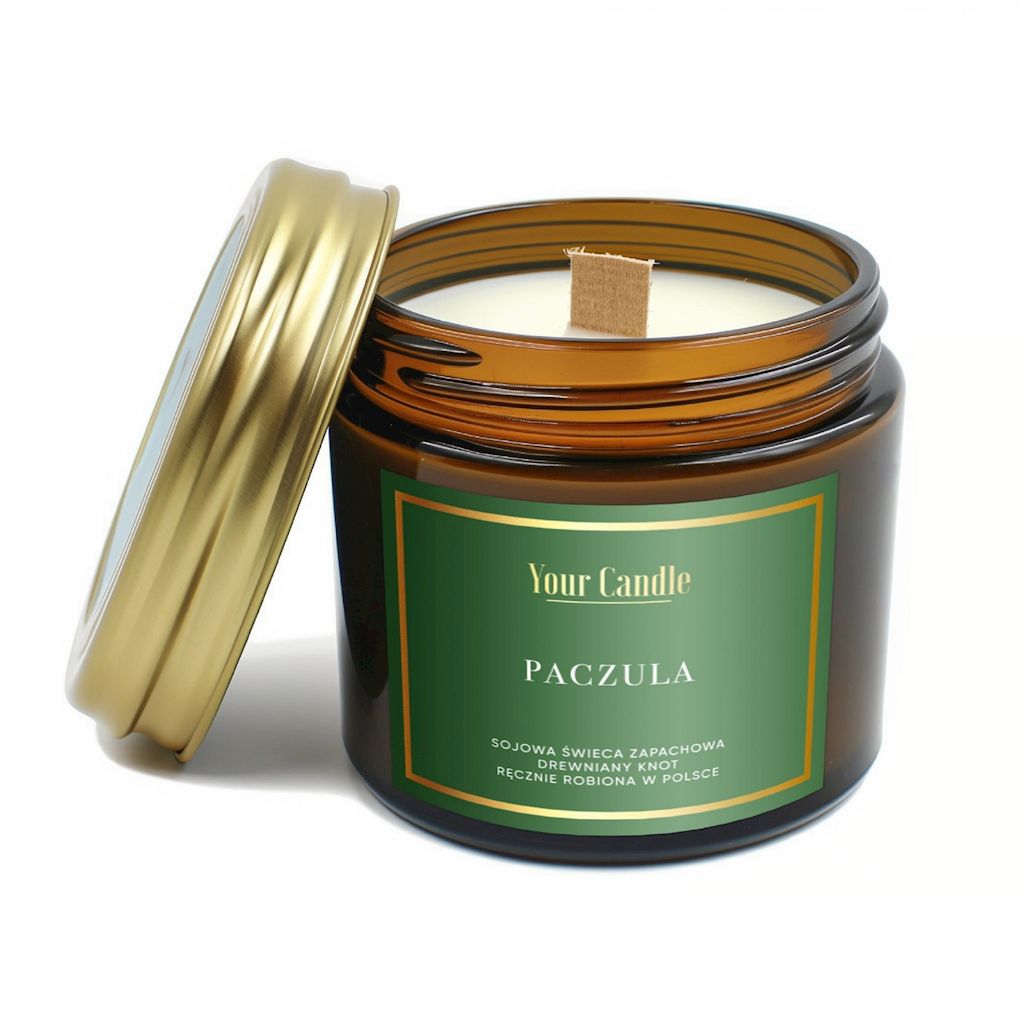 ŚWIECA SOJOWA ZAPACHOWA Z DREWNIANYM KNOTEM PACZULA 120 ml – YOUR CANDLE