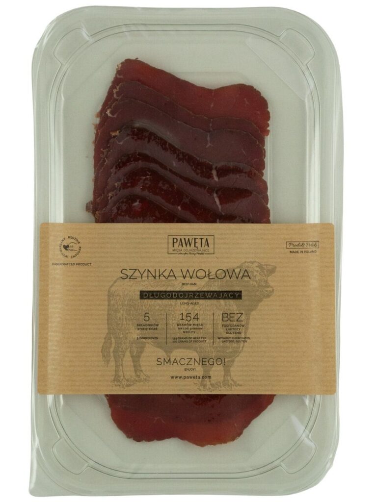 SZYNKA WOŁOWA DOJRZEWAJĄCA PLASTRY BEZGLUTENOWA 65 g – PAWĘTA