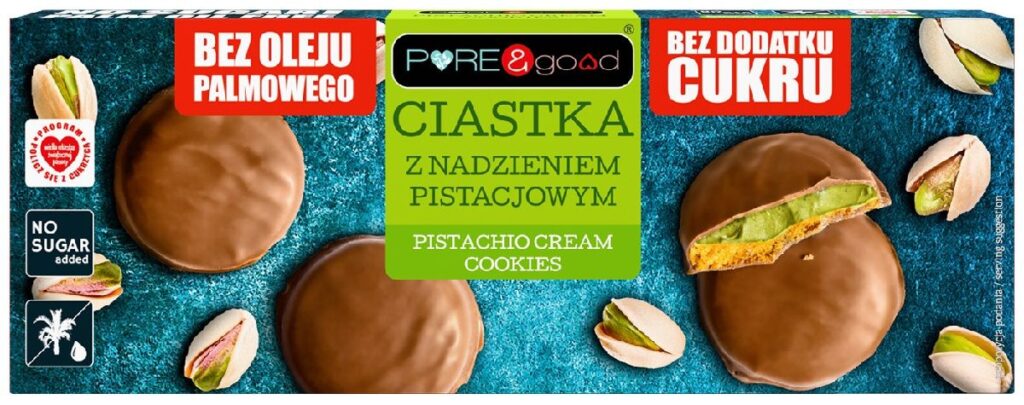 CIASTKA Z NADZIENIEM PISTACJOWYM W CZEKOLADZIE MLECZNEJ BEZ DODATKU CUKRÓW 96 g – PURE&GOOD