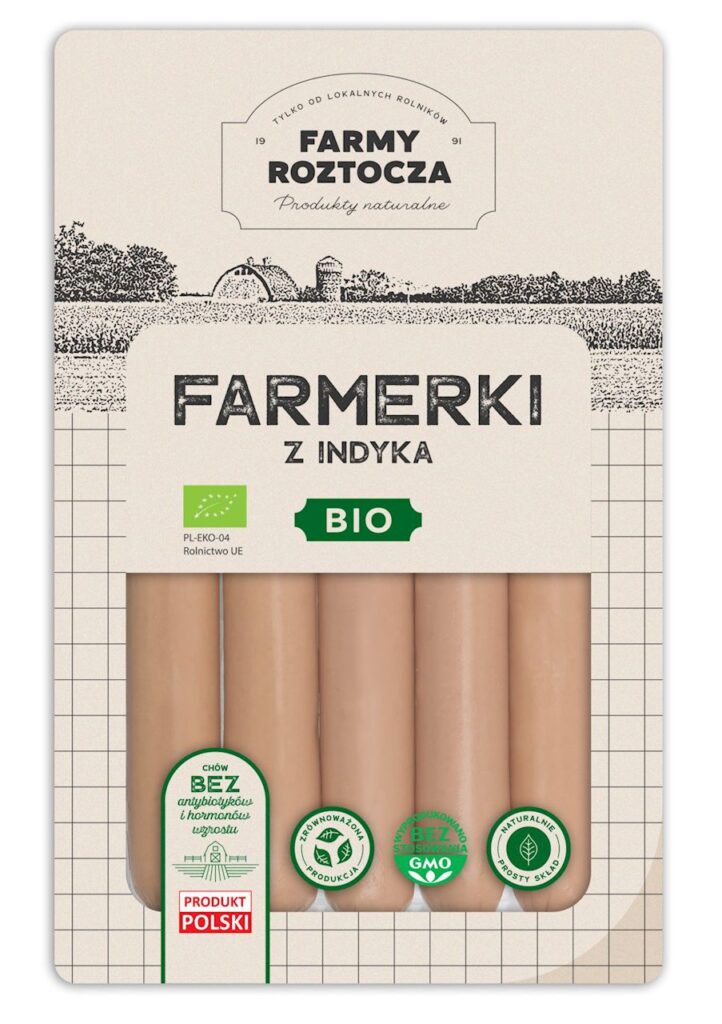 PARÓWKI FARMERKI Z INDYKA BIO 250 g – FARMY ROZTOCZA (Z PÓŁKI)