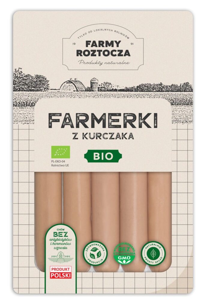 PARÓWKI FARMERKI Z KURCZAKA BIO 250 g – FARMY ROZTOCZA (Z PÓŁKI)