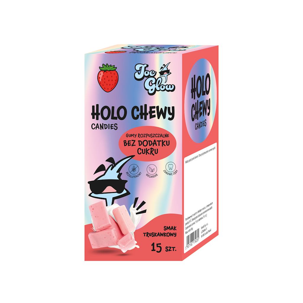 GUMY ROZPUSZCZALNE O SMAKU TRUSKAWKOWYM BEZ DODATKU CUKRÓW BEZGLUTENOWE (15 szt.) 90 g – JOE GLOW