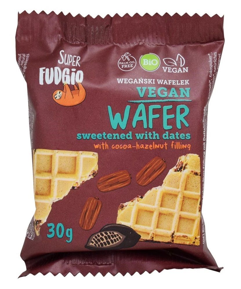 WAFELEK Z KREMEM KAKAOWO – ORZECHOWYM SŁODZONY DAKTYLAMI BIO 30 g – ME GUSTO (SUPER FUDGIO)