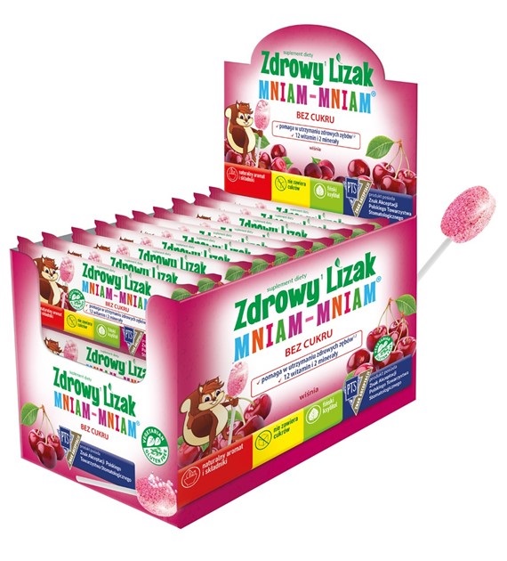 LIZAK O SMAKU MUSUJĄCEJ WIŚNI NA ODPORNOŚĆ BEZ CUKRU BEZGLUTENOWY 6 g – ZDROWY LIZAK (MNIAM MNIAM)