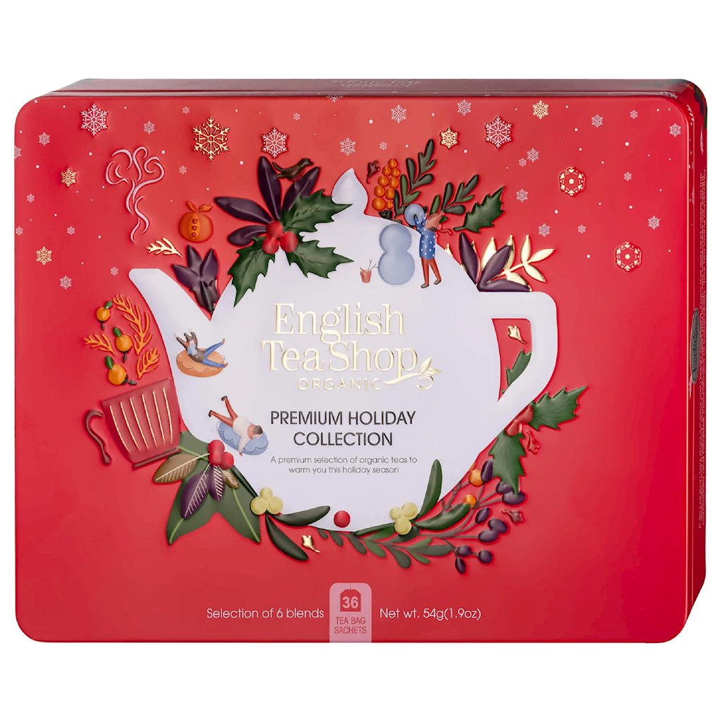 ZESTAW HERBAT I HERBATEK ŚWIĄTECZNYCH PREMIUM BIO W PUSZCE  (6 SMAKÓW) (36 x 1,5 g) 54 g – ENGLISH TEA SHOP ORGANIC (PRODUKT SEZONOWY)