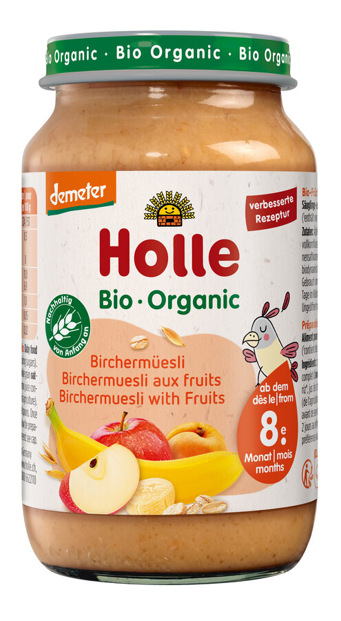 MUSLI BIRCHERA Z OWOCAMI BEZ DODATKU CUKRÓW OD 8 MIESIĄCA DEMETER BIO 220 g (SŁOIK) – HOLLE
