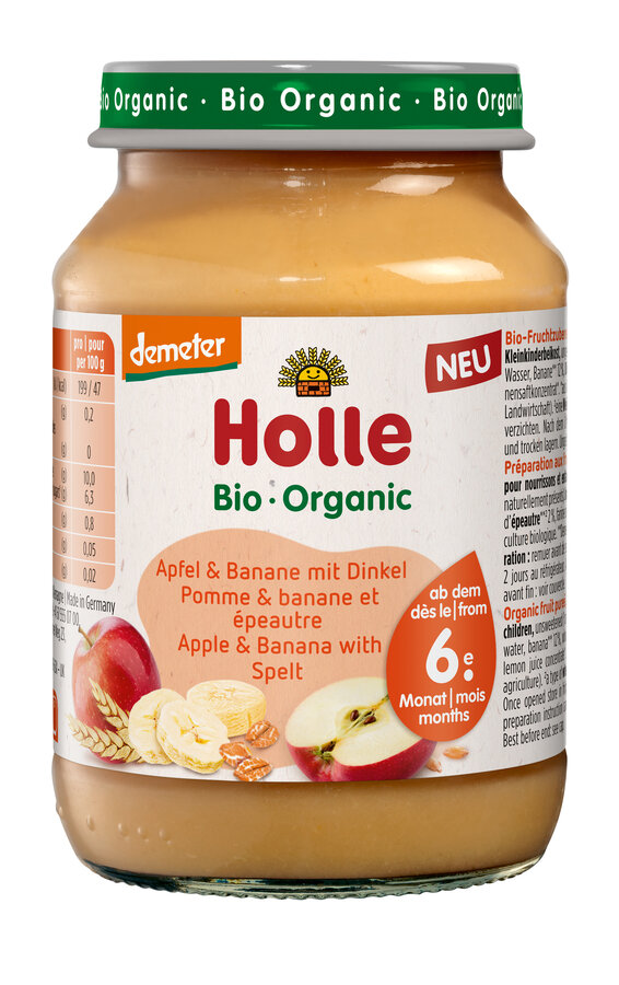 JABŁKO – BANAN Z ORKISZEM BEZ DODATKU CUKRÓW OD 6 MIESIĄCA DEMETER BIO 190 g (SŁOIK) – HOLLE