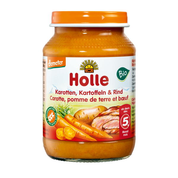 MARCHEW – ZIEMNIAK – WOŁOWINA BEZ DODATKU CUKRÓW BEZGLUTENOWE OD 5 MIESIĄCA DEMETER BIO 190 g (SŁOIK) – HOLLE