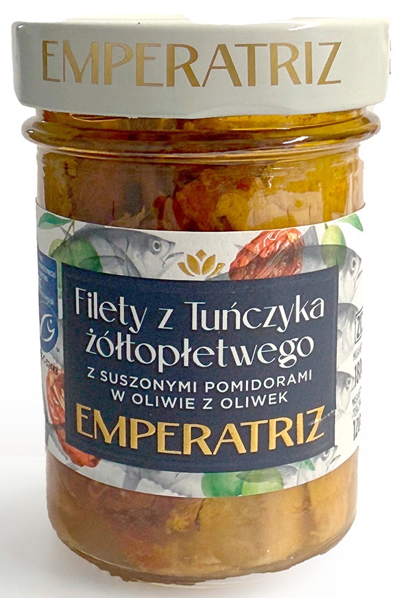 TUŃCZYK ŻÓŁTOPŁETWY FILETY MSC W OLIWIE Z OLIWEK Z SUSZONYMI POMIDORAMI 180 g (120 g) (SŁOIK) – EMPERATRIZ