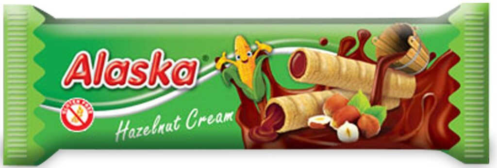 RURKI KUKURYDZIANE Z KREMEM O SMAKU ORZECHÓW LASKOWYCH BEZGLUTENOWE 18 g – ALASKA