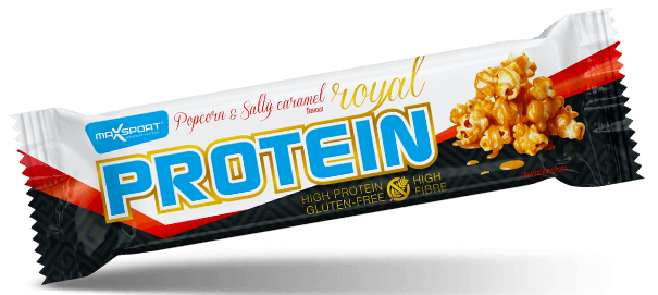 BATON PROTEINOWY O SMAKU SŁONEGO KARMELU I POPCORNU W POLEWIE KARMELOWEJ BEZGLUTENOWY 60 g – MAXSPORT