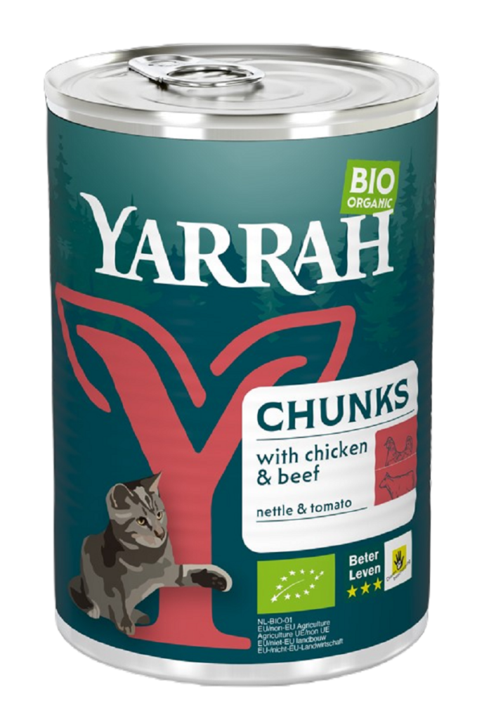 (DLA KOTA DOROSŁEGO) KAWAŁKI KURCZAKA I WOŁOWINY Z POMIDOREM I POKRZYWĄ BIO 405 g – YARRAH