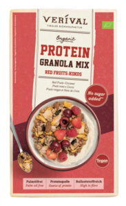 GRANOLA PROTEINOWA Z OWOCAMI CZERWONYMI I KOKOSEM BEZ DODATKU CUKRÓW BIO 300 g - VERIVAL
