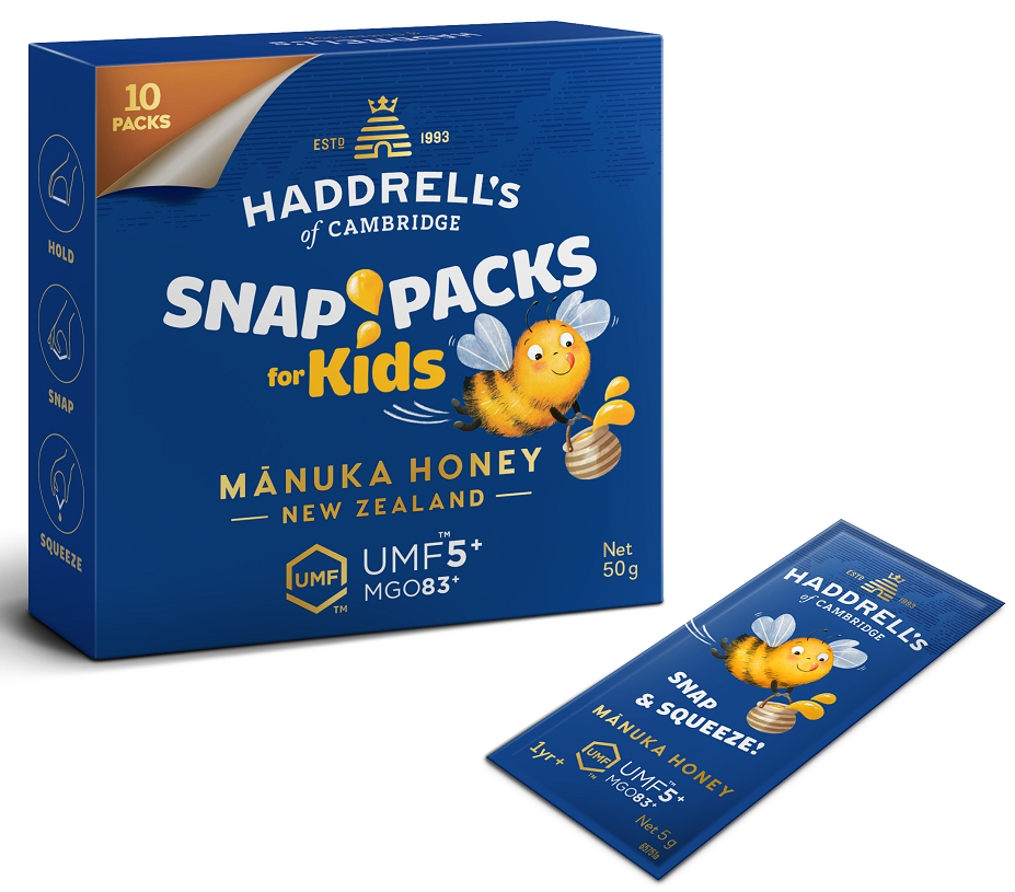 MIÓD MANUKA KIDS MGO 83+ UMF 5+ 10 SASZETEK – HADDRELL’S OF CAMBRIDGE