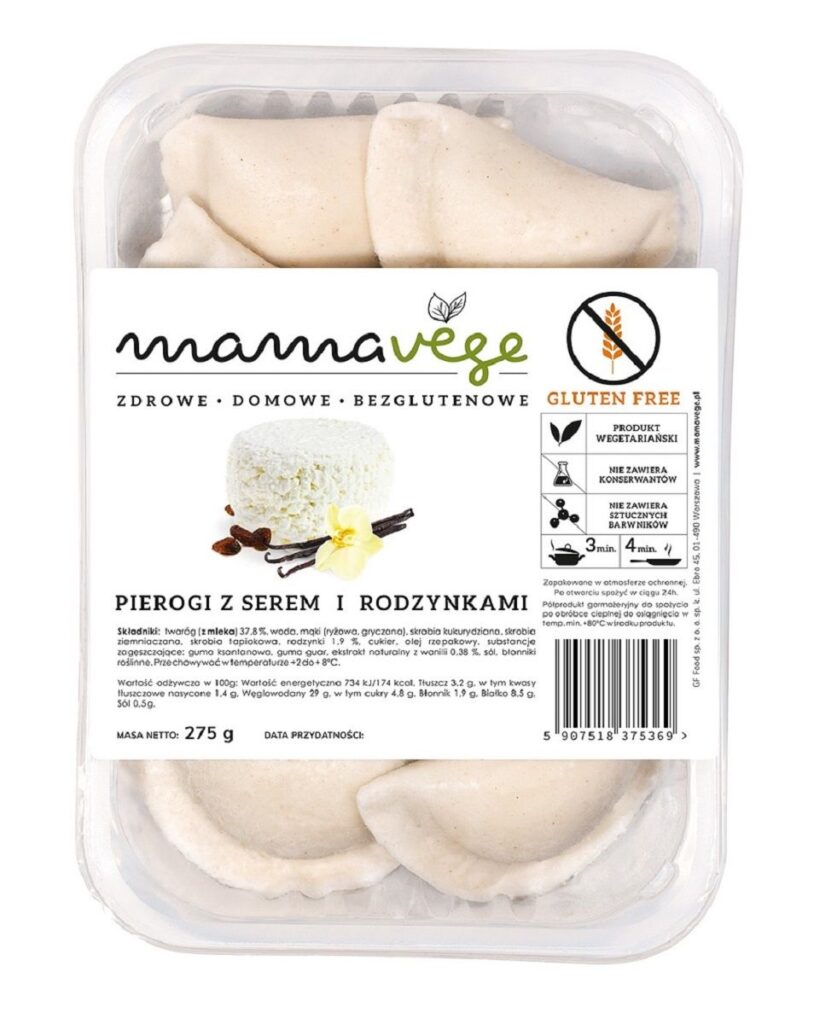 przecena PIEROGI Z SEREM I RODZYNKAMI BEZGLUTENOWE 275 g – MAMA VEGE