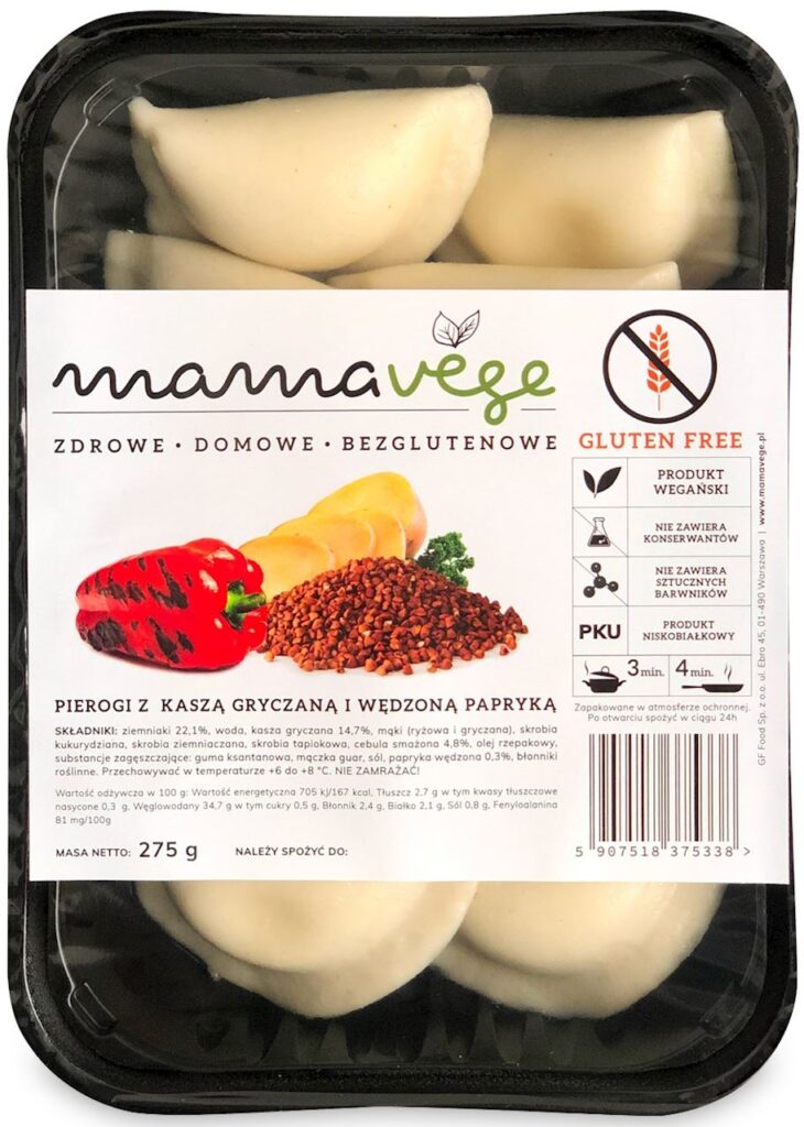 przecena PIEROGI Z KASZĄ GRYCZANĄ I WĘDZONĄ PAPRYKĄ BEZGLUTENOWE 275 g – MAMA VEGE