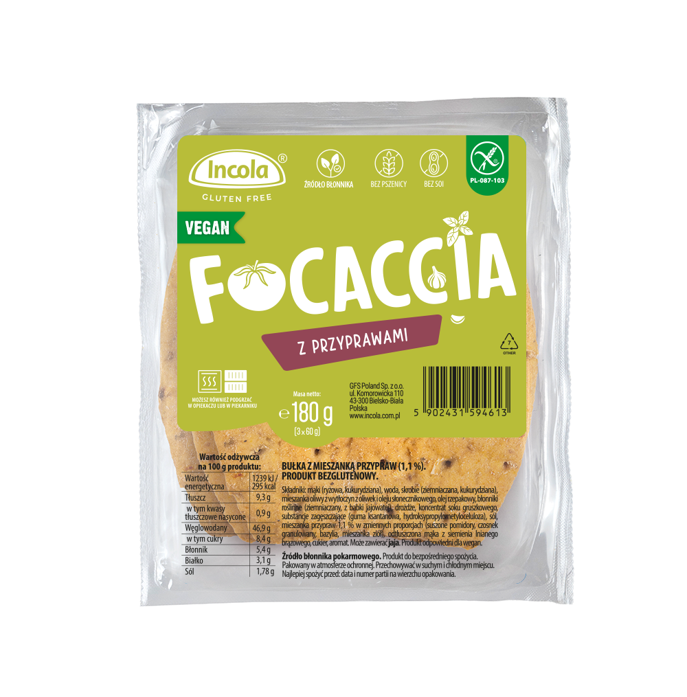 BUŁKI FOCACCIA Z PRZYPRAWAMI BEZGLUTENOWE (3 szt.) 180 g – INCOLA