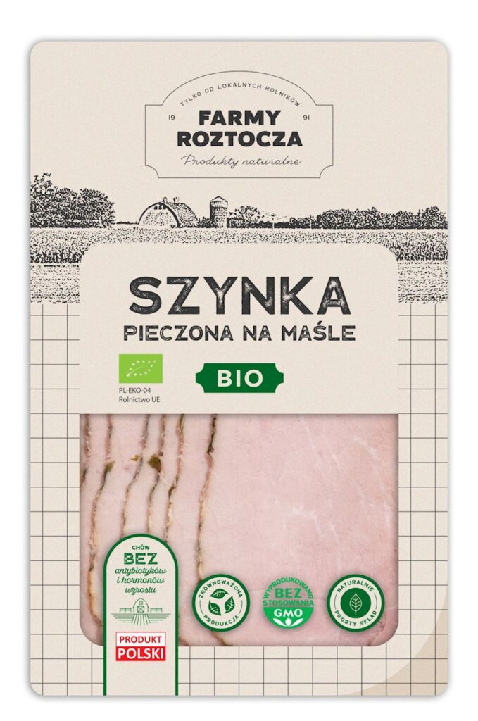 SZYNKA NA MAŚLE PIECZONA PLASTRY BIO 100 g – FARMY ROTOCZA (Z PÓŁKI)