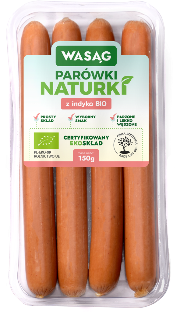 PARÓWKI Z INDYKA BIO 150 g – WASĄG (Z PÓŁKI)
