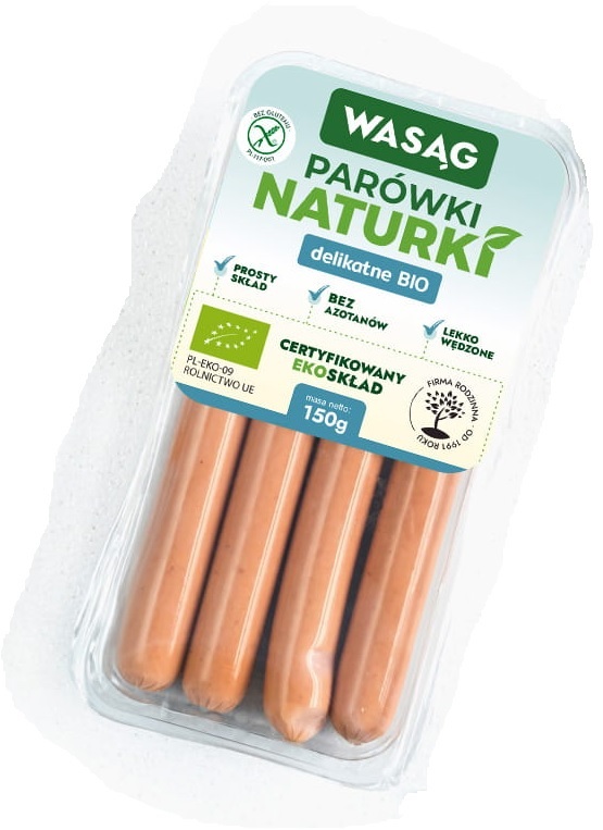 PARÓWKI DELIKATNE BEZGLUTENOWE BIO 150 g – WASĄG (Z PÓŁKI)