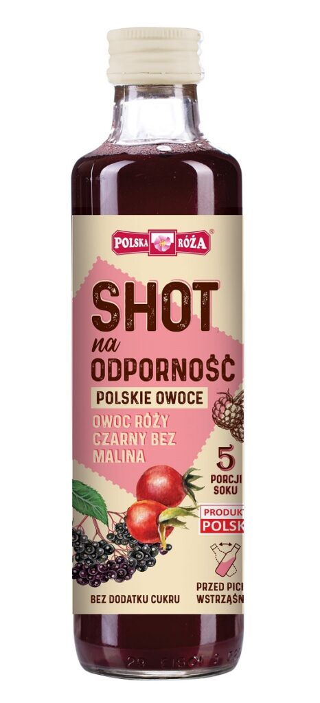 SHOT NA ODPORNOŚĆ NFC OWOC RÓŻY – CZARNY BEZ – MALINA BEZ DODATKU CUKRÓW 250 ml – POLSKA RÓŻA