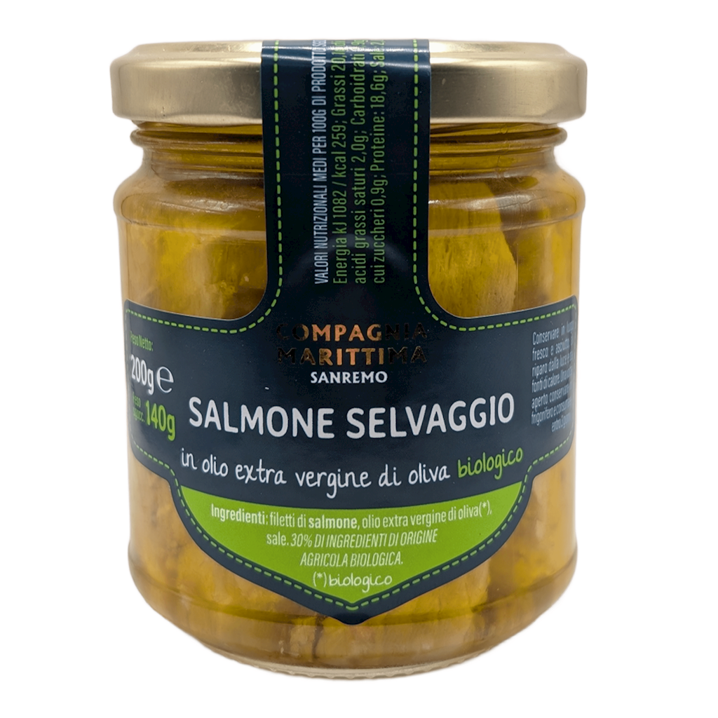 ŁOSOŚ ATLANTYCKI FILETY W BIO OLIWIE Z OLIWEK EXTRA VIRGIN 200 g (140 g) (SŁOIK) – COMPAGNIA MEDITERRANEA