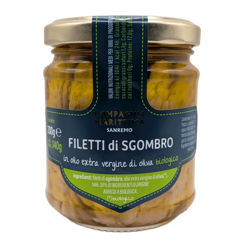 MAKRELA FILETY W BIO OLIWIE Z OLIWEK EXTRA VIRGIN 200 g (140 g) (SŁOIK) – COMPAGNIA MEDITERRANEA