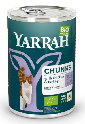 (DLA KOTA DOROSŁEGO) KAWAŁKI KURCZAKA I INDYKA Z POMIDOREM I POKRZYWĄ BIO 405 g - YARRAH
