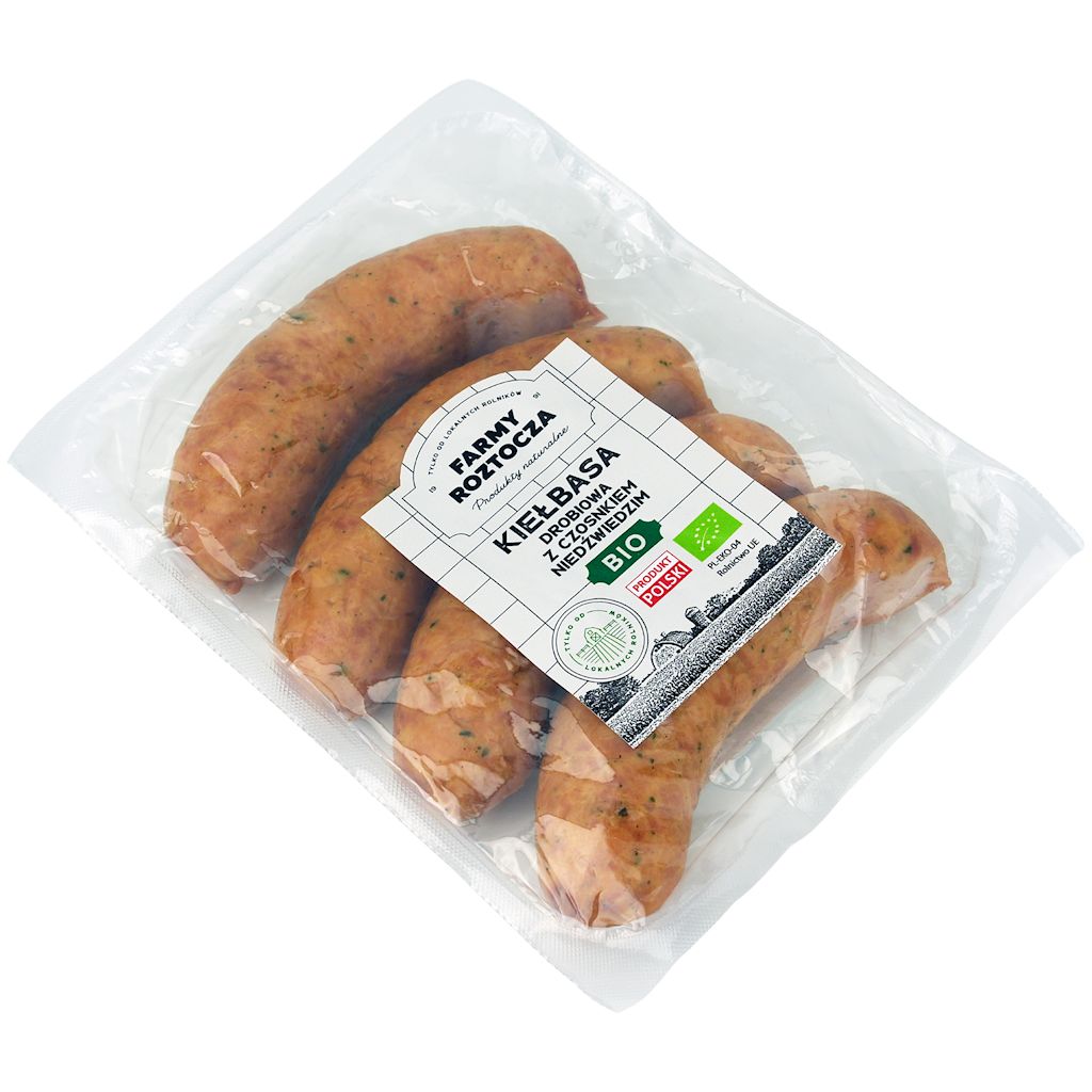 KIEŁBASA DROBIOWA Z CZOSNKIEM NIEDŹWIEDZIM BIO (około 0,40 kg) – FARMY ROZTOCZA (NA ZAMÓWIENIE)