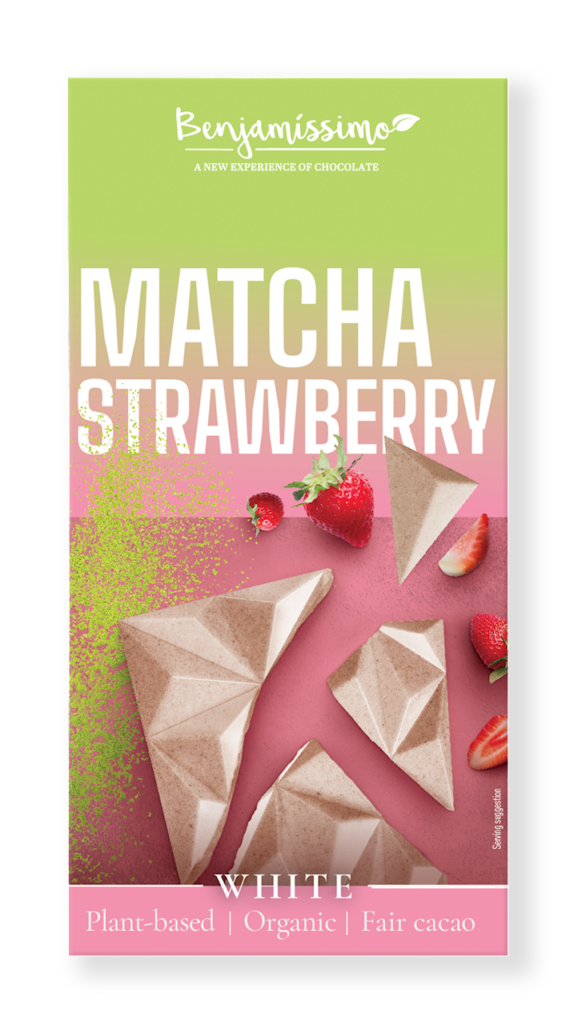 TABLICZKA KAKAOWA HERBATA MATCHA – TRUSKAWKA BEZGLUTENOWA BIO 60 g – BENJAMISSIMO