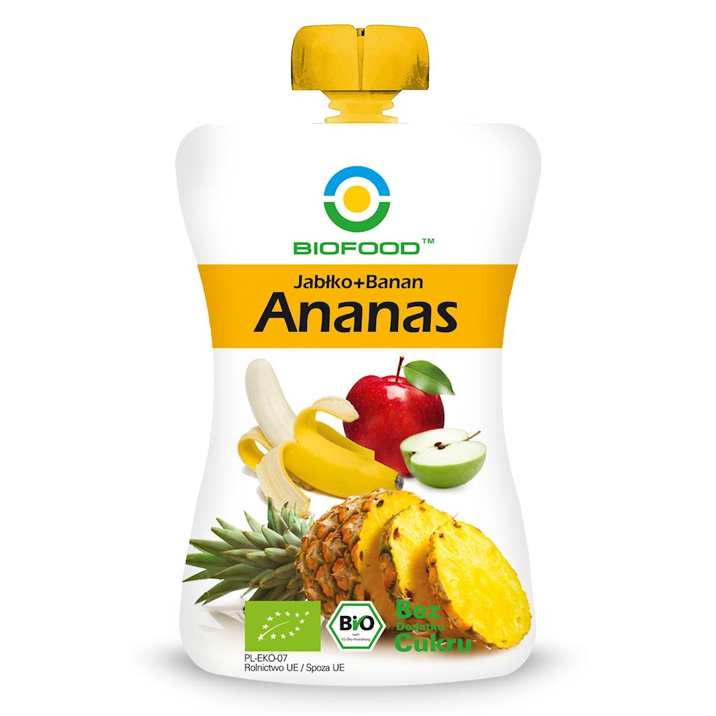 MUS JABŁKO – BANAN – ANANAS BEZ DODATKU CUKRÓW BEZGLUTENOWY BIO 200 g – BIOFOOD