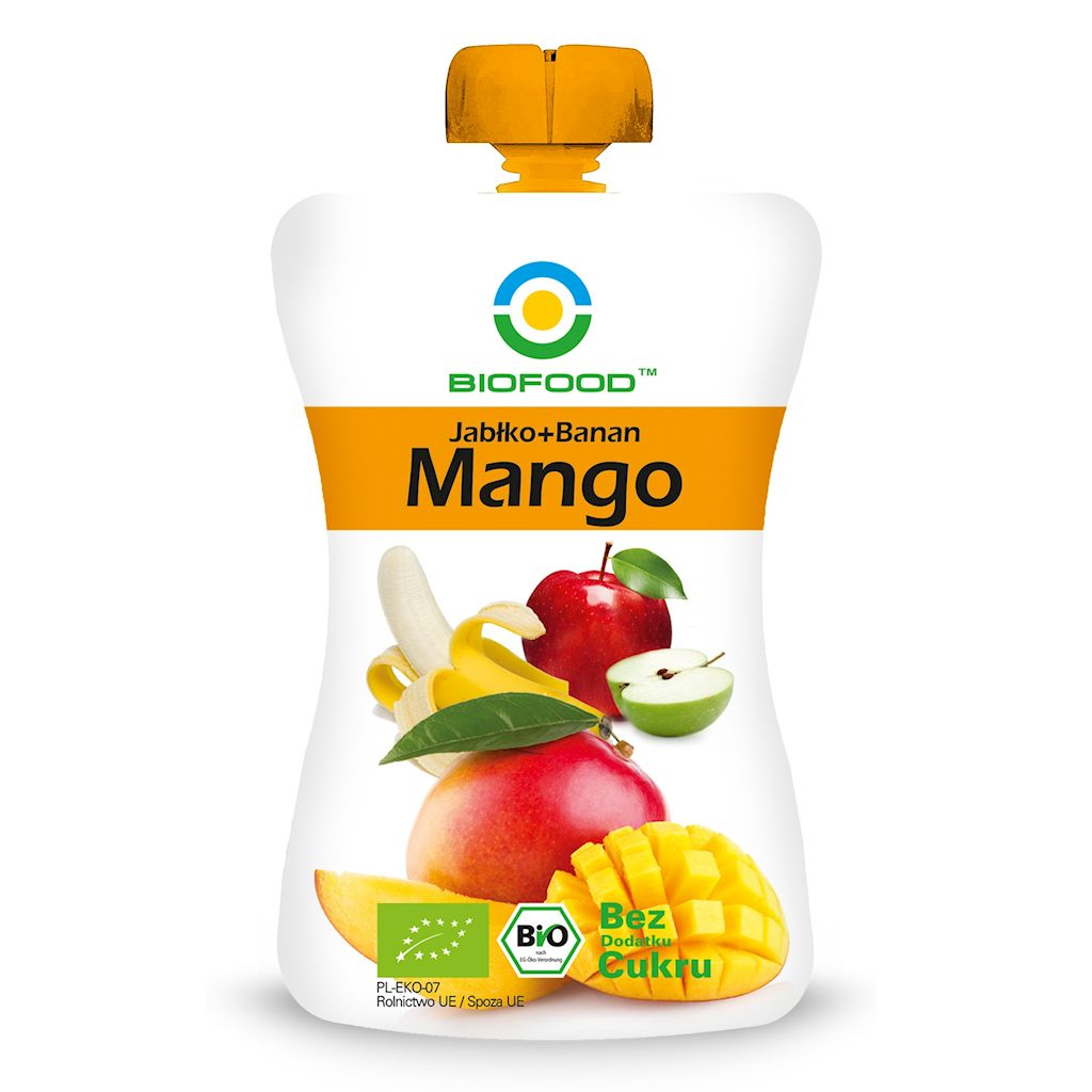 MUS JABŁKO – BANAN – MANGO BEZ DODATKU CUKRÓW BEZGLUTENOWY BIO 200 g – BIOFOOD