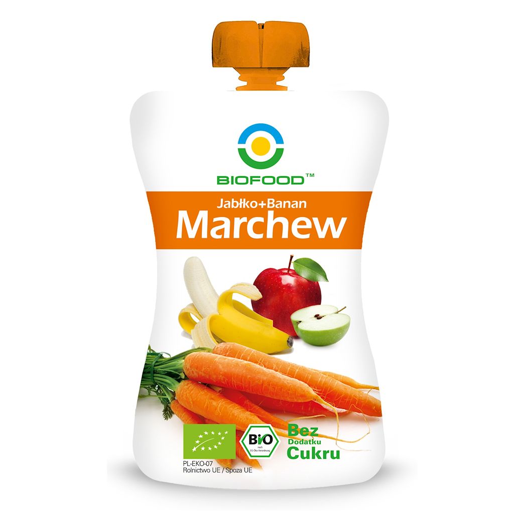 MUS JABŁKO – BANAN – MARCHEW BEZ DODATKU CUKRÓW BEZGLUTENOWY BIO 200 g – BIOFOOD