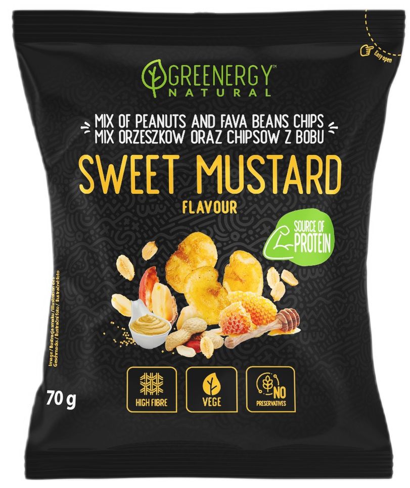 MIESZANKA PROTEINOWA ORZESZKÓW I CHIPSÓW Z BOBU SŁODKA MUSZTARDA 70 g – GREENERGY