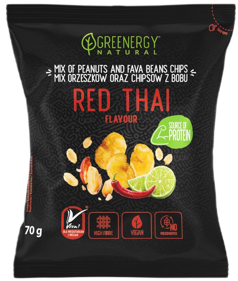 MIESZANKA PROTEINOWA ORZESZKÓW I CHIPSÓW Z BOBU RED THAI 70 g – GREENERGY