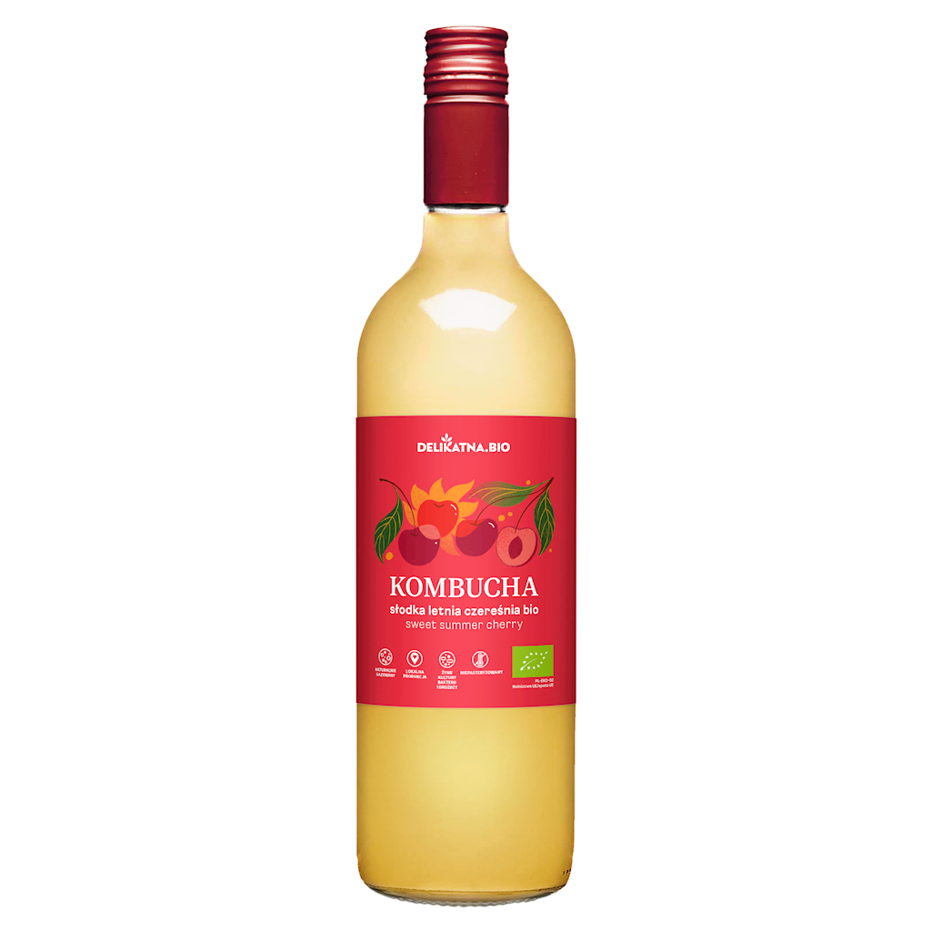 KOMBUCHA O SMAKU SŁODKIEJ LETNIEJ CZEREŚNI BIO 750 ml – DELIKATNA