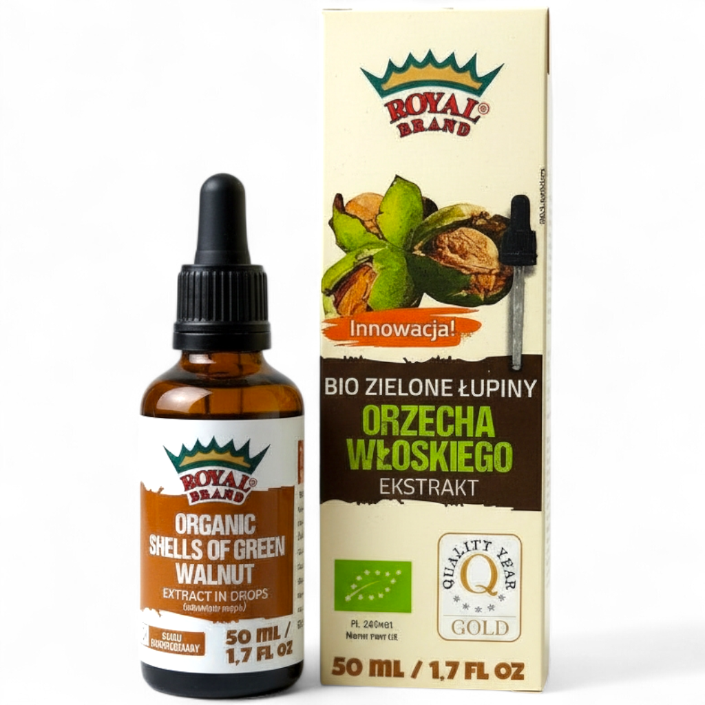 EKSTRAKT Z ZIELONYCH ŁUPIN ORZECHÓW WŁOSKICH W KROPLACH BIO 50 ml – ROYAL BRAND