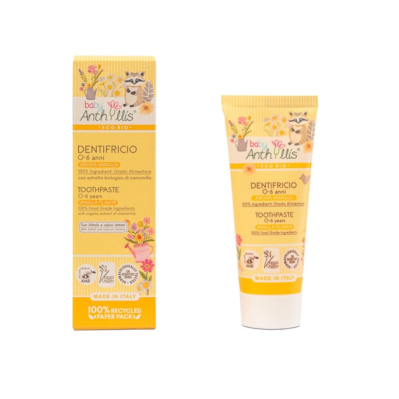PASTA DO ZĘBÓW DLA DZIECI BEZ FLUORU Z ALOESEM I RUMIANKIEM WANILIOWA 75 ml – BABY ANTHYLLIS