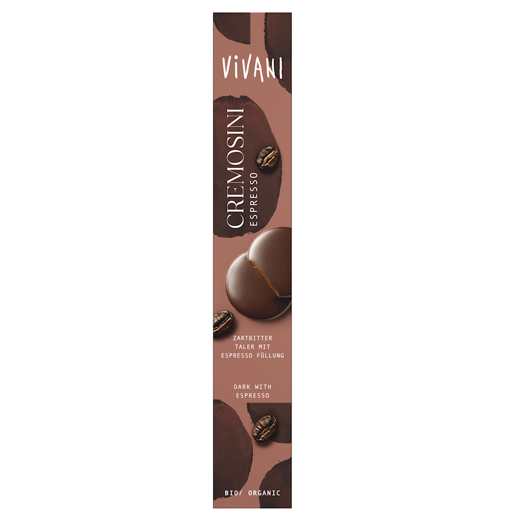 CZEKOLADKI GORZKIE Z NADZIENIEM ESPRESSO BIO 100 g – VIVANI